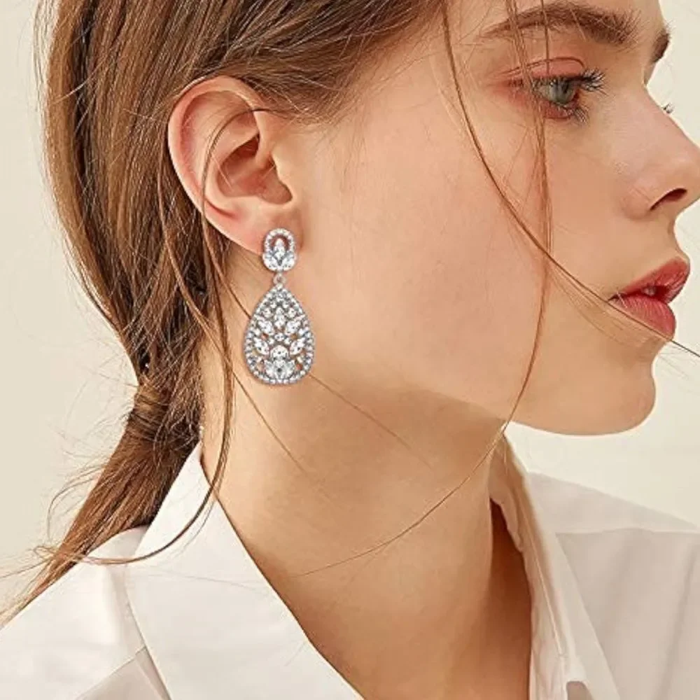 Silver with White Diamond Austrian Crystal Teardrop Chandelier Post Earrings